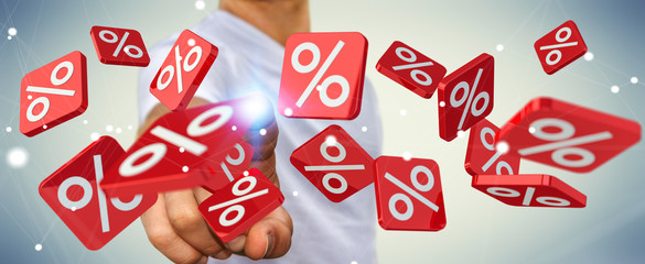 Businessman touching sales icons with his finger 3D rendering