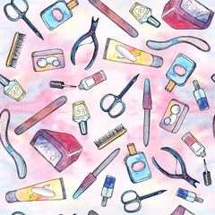 Watercolor hand drawn sketch illustration of professional manicure set with nail scissors, nailfile, nail polish, cream, LED or UV lamp, Cuticle Nippers seamless pattern background on abstract