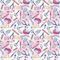 Fototapeta na wymiar Watercolor hand drawn sketch illustration of professional manicure set with nail scissors, nail file, nail polish, cream, LED or UV lamp, Cuticle Nippers seamless pattern background on abstract