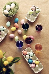 Multi colored Easter eggs on the table
