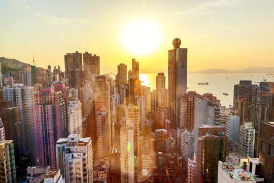 Hong Kong at sunset, financial center of Asia. Beautiful citysca