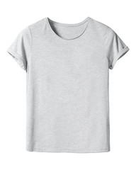 Woman`s gray t-shirt with copy space isolated on white