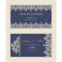 Fototapeta premium Wedding invitation cards in an vintage-style blue and beige. Beautiful Victorian ornament. Frame with floral elements. Vector illustration.