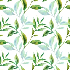 Fototapete Tee Nahtloses mit Blumenmuster mit Teeblättern. Grüntee-Zweig im handgezeichneten Aquarellstil. Teehintergrund für Papier, Textil und Verpackung