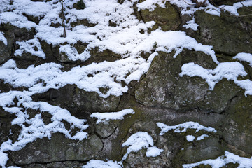 Abstract background of stone wall with snow