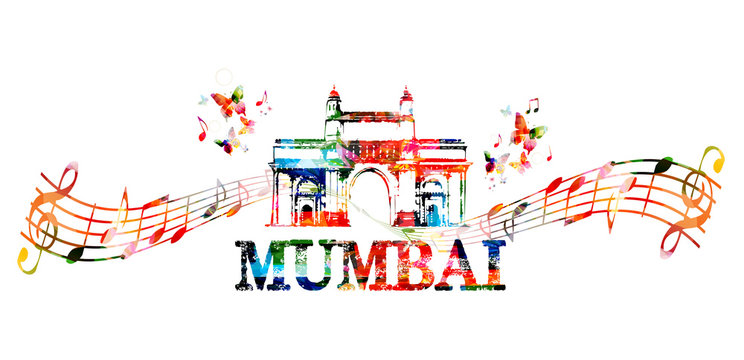 Gateway of India, Mumbai landmark with music notes isolated. Design for poster, brochure, banner. Mumbai architecture template vector illustration, travel background
