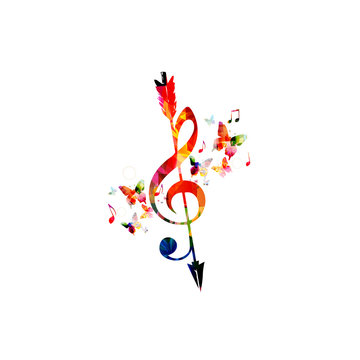 Colorful G-clef with arrow and music notes isolated. Music symbols background vector illustration. Design for poster, brochure, invitation, banner, flyer, concert and festival