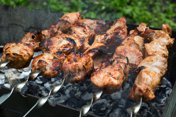 Beef and pork barbecue, steak on the grill. Kebab on a skewer. N