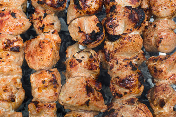 Beef and pork barbecue, steak on the grill. Kebab on a skewer. N