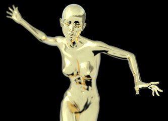 Slim attractive golden sportswoman running against a black background. 3d illustration