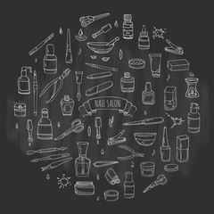 Hand drawn doodle Nail salon icons set. Vector illustration. Manicure accessories collection. Cartoon various sketch pedicure tools elements: polish, bottle, brush, varnish, scissors, lotion, cream