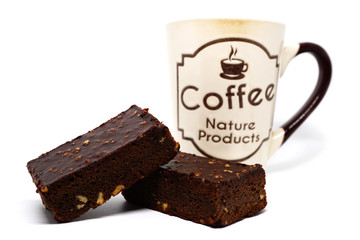Almond chocolate brownie with coffee cup on white background
