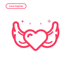 Vector illustration of icon concept love inspire in flat bold line style. Valentines day graphic design pink heart with wings . Outline object.