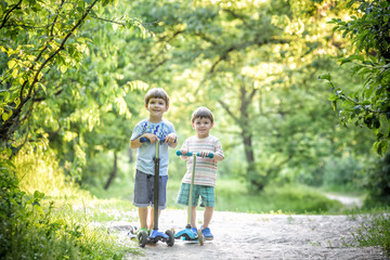 Fototapeta premium Two cute boys, compete in riding scooters, outdoor in the park, summertime.