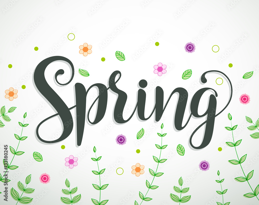 Aufkleber spring text vector background design with colorful flowers, vines and leaves elements in white. vect