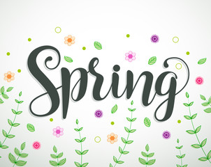 Spring text vector background design with colorful flowers, vines and leaves elements in white. Vector illustration.
