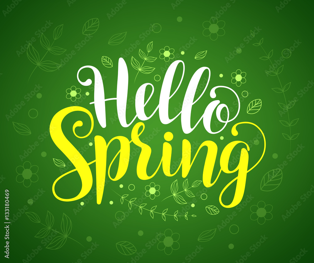 Aufkleber hello spring text typography vector banner design in green background with drawings of flowers and l