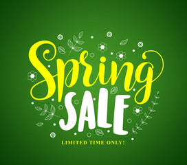 Spring sale vector banner design in green background with flowers and leaves drawings for seasonal marketing promotion. Vector illustration.
