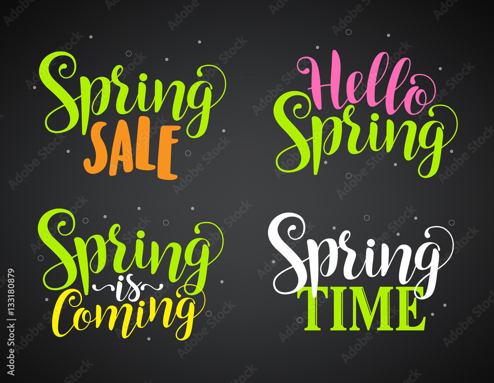 Poster set of spring typography and calligraphy title for spring designs as decorations and elements in bla