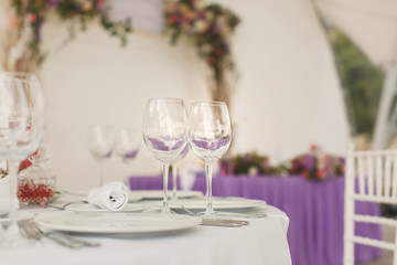 Beautiful wine and champagne glasses in the restaurant.