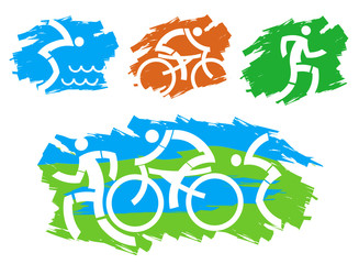 Triathlon grunge stylized icons.
Cyclist, swimmer and runner icons on the grunge background. Vector available.