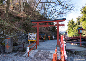 Famous Shinkyo red entrance gate and bridge in Nikko, world heri