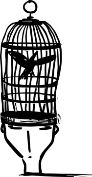 Head-cage person. Freedom of the mind concept 