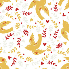 Seamless Pattern with Traditional Folk Motif with Bird and Leave