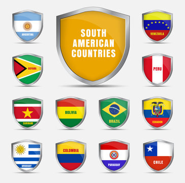 Set shields with flags of the South American countrie