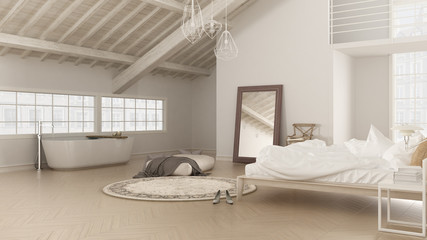 Scandinavian white bedroom, loft interior design, minimalistic b