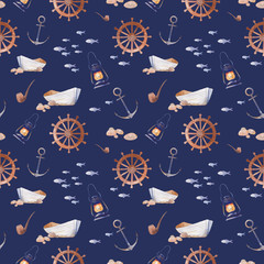 Watercolor nautical seamless pattern. Hand drawn cartoon texture with sea elements: old boat, anchor, fishes, smoking pipe, lantern, wheel. Wallpaper design on dark blue background.
