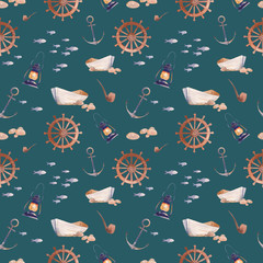 Watercolor nautical seamless pattern. Hand drawn cartoon texture with sea elements: old boat, anchor, fishes, smoking pipe, lantern, wheel. Wallpaper design on emerald green background.