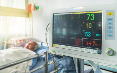 Close up  digital device for measuring blood pressure monitor with elderly patient sleep on the bed in hospital ward room