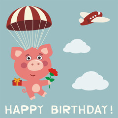 Happy birthday! Funny pig fly on parachute with gift and flower. Birthday card with pig in cartoon style.