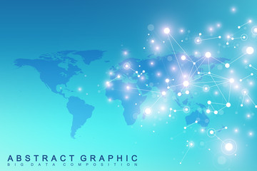 Geometric graphic background communication with World Map. Big data complex with compounds. Perspective backdrop. Minimal array. Digital data visualization. Scientific cybernetic vector illustration.