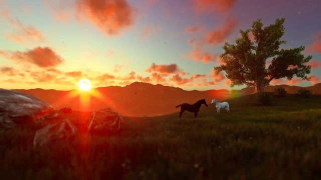 Two horses on green meadow and tree of life, beautiful sunset
