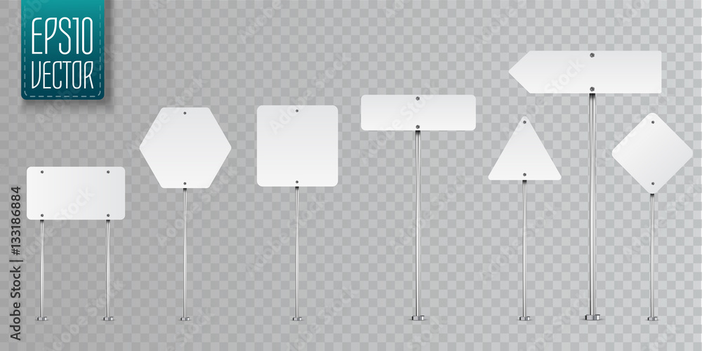 Poster set of blank vector road signs isolated on transparent background.