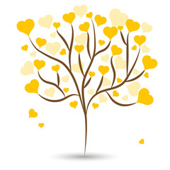 Beautiful love tree with yellow heart leaves different sizes on white background. Vector illustration