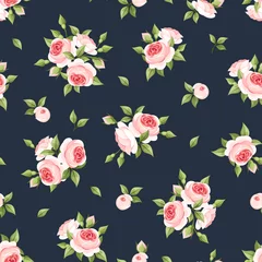 Gordijnen Vector seamless pattern with pink roses on a dark blue background. © naddya