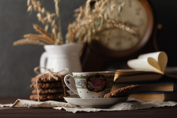 Village breakfast with book on table