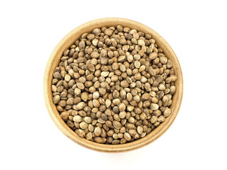 hemp seed in a bowl on a white background