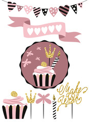 Celebratory cake with set of decoration, toppers, candles and ga