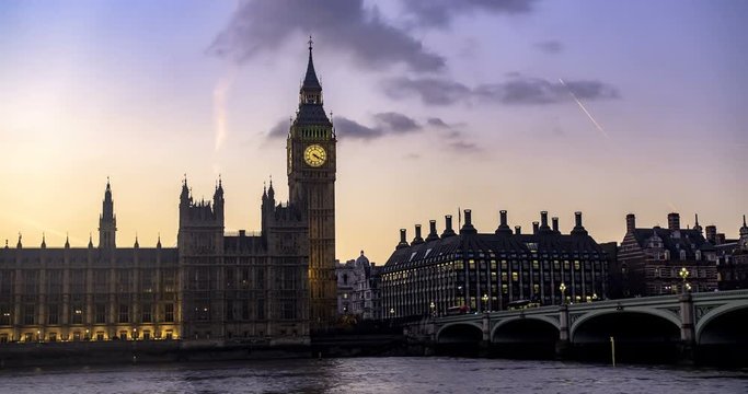 Time lapse view of the House of Parliament and the Big Ben in London at sunset. Transition to night