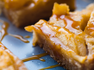 Home made apple cinnamon blondies with salted caramel. Sweet food dessert macro detail
