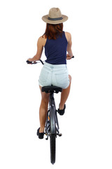back view of a woman with a bicycle. cyclist sits on the bike. Rear view people collection.  backside view of person. Isolated over white background. Girl in a straw hat riding a bicycle.