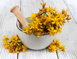 Saint-John's-wort in the mortar