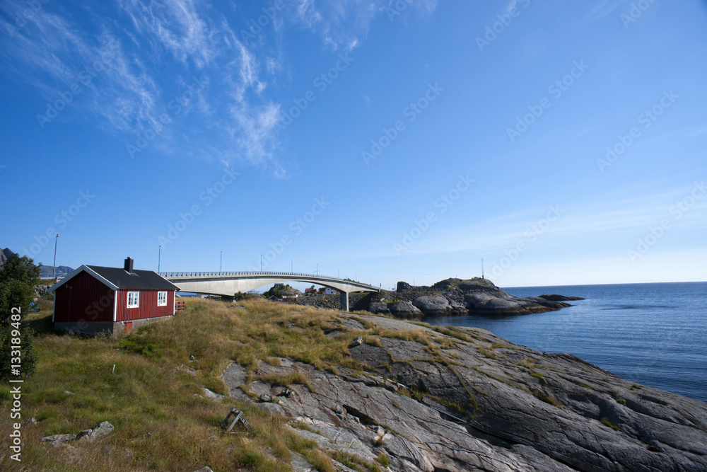 Poster Summer view of Lofoten Islands near Moskenes, Norway