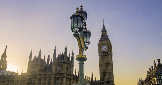 Time lapse dolly view of the House of Parliament and the Big Ben in London before sunset