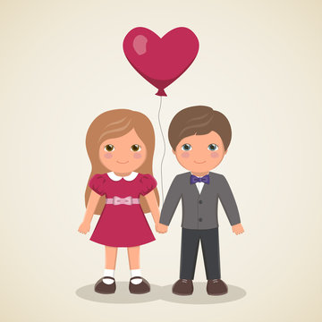 Vintage romantic card for Valentines Day. Loving couple, smiling boy in suit with bow tie and girl in smart dress holding balloon in the shape of heart, vector illustration