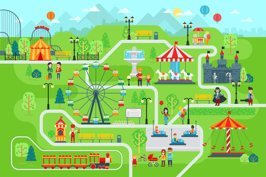 Amusement park map infographic elements in flat vector design. Happy people spend time relaxing in nature. Parents and children are walking in the park, attractions, castle, Ferris wheel, train, cars